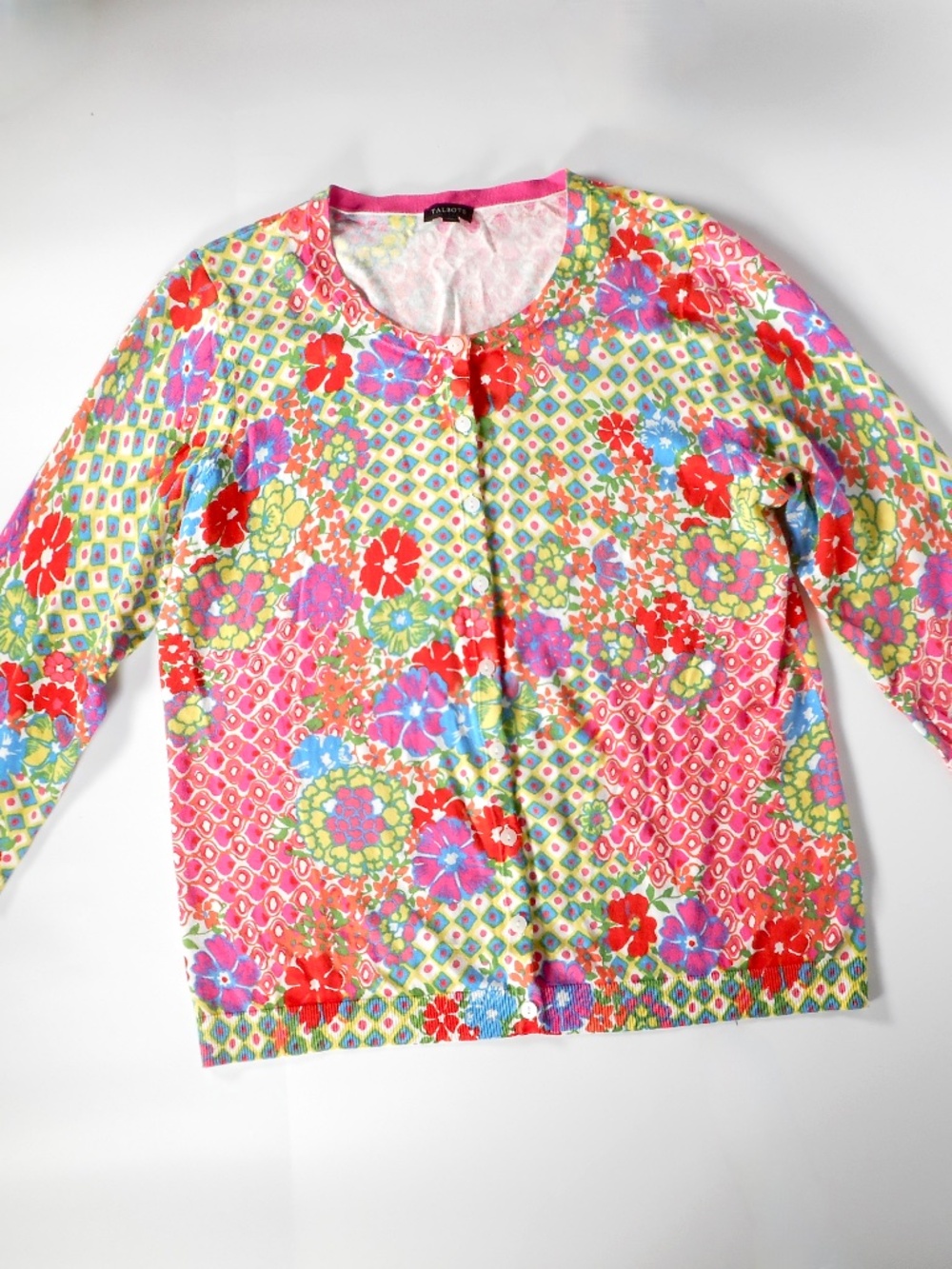 Talbots Pink Blue Floral Sz L Geometric Cotton Rayon Button Cardigan Sweater